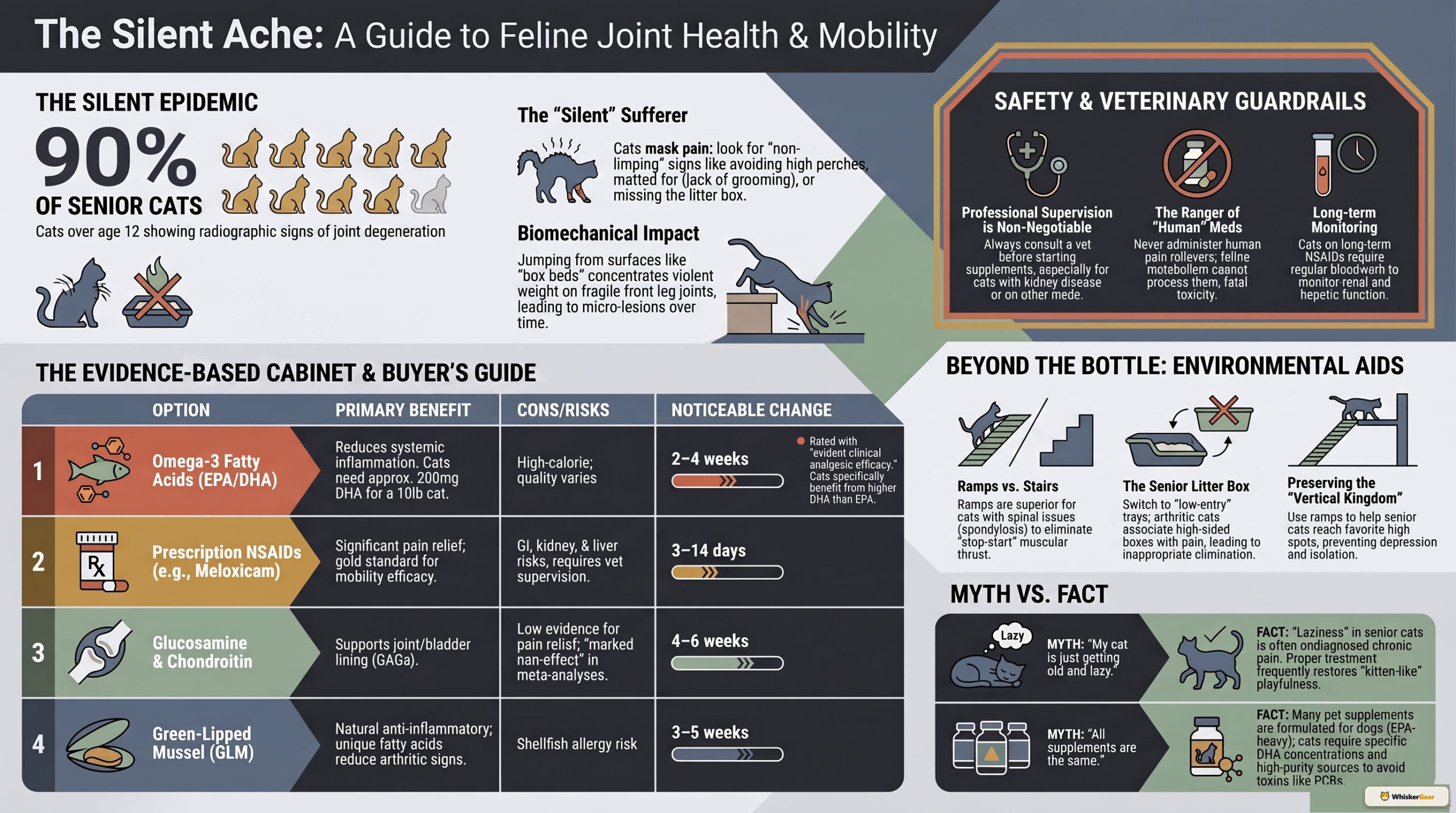 Feline Joint Health and Mobility infographic: glucosamine, chondroitin, omega-3, green-lipped mussel and vet-supervised NSAIDs for cats with arthritis