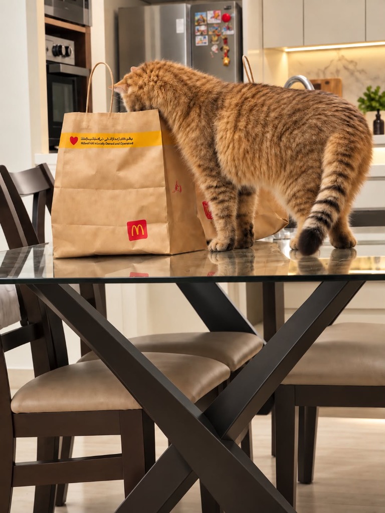 Curious cat with head submerged deep inside a paper takeaway delivery bag