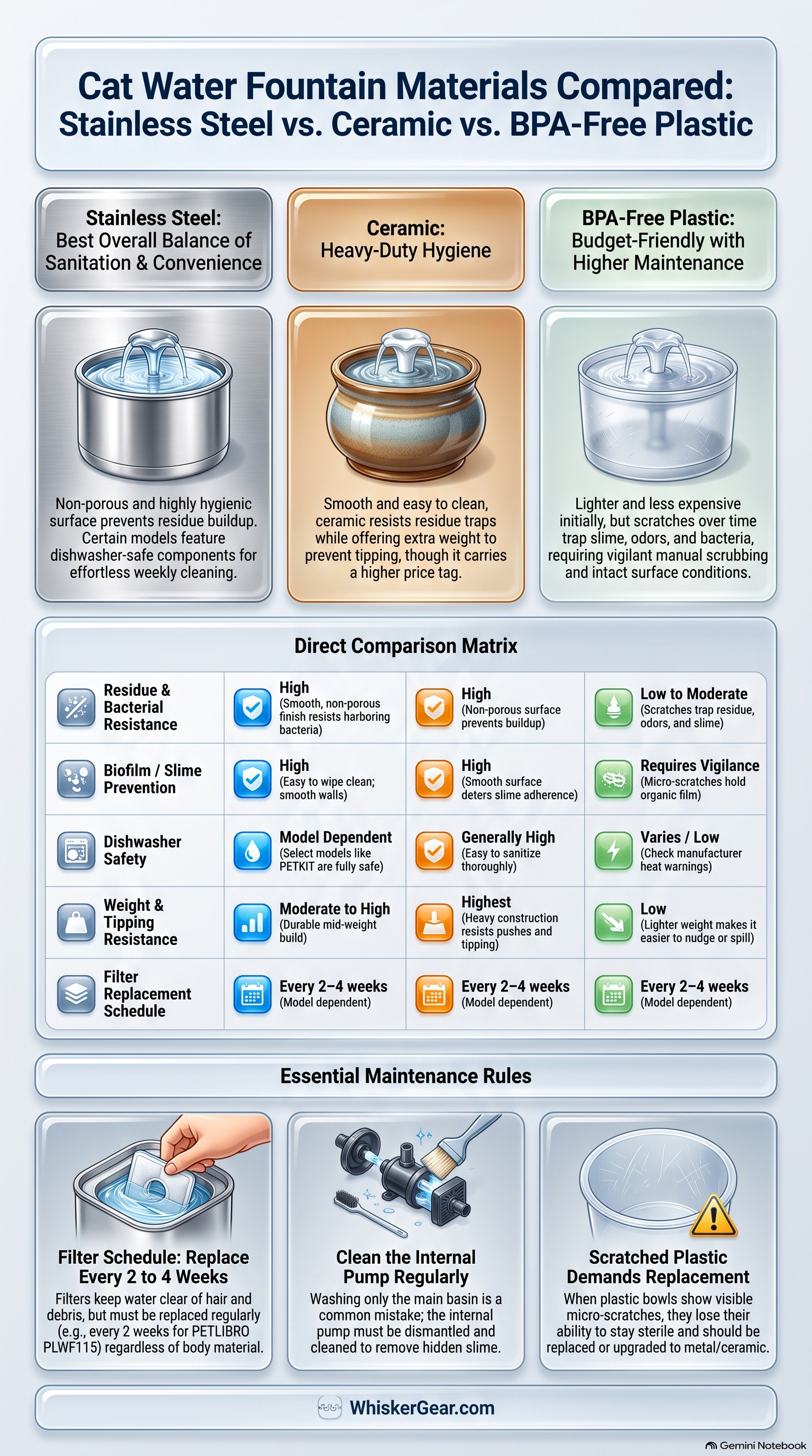 Cat Fountain Materials Hygiene Comparison: 304 Stainless Steel vs Ceramic vs Plastic
